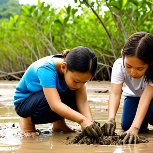 Home 4 **Prompt:** Hands-on environmental education activity. Children planting mangrove trees on a muddy coastline in Thailand. Focus on teamwork, learning, and coastal preservation. Bright, sunny day.