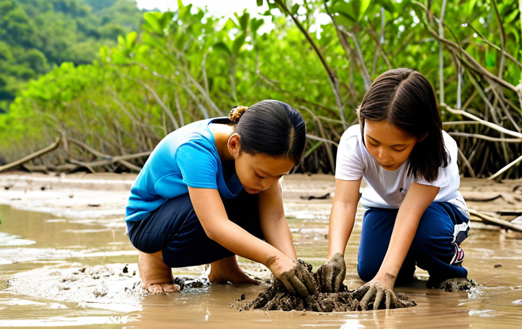 **Prompt:** Hands-on environmental education activity. Children planting mangrove trees on a muddy coastline in Thailand. Focus on teamwork, learning, and coastal preservation. Bright, sunny day.