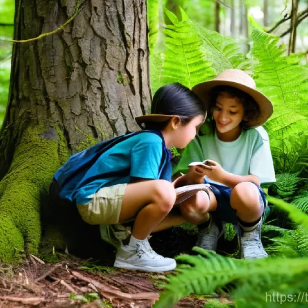 생태 리터러시 향상을 위한 청소년 프로그램 설계 - **A group of diverse, joyful children (aged 8-12) enthusiastically exploring a vibrant, sun-dappled ...