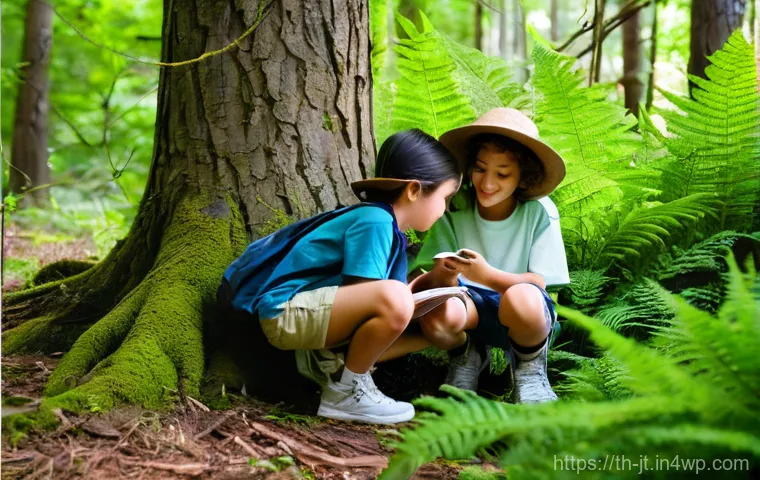생태 리터러시 향상을 위한 청소년 프로그램 설계 - **A group of diverse, joyful children (aged 8-12) enthusiastically exploring a vibrant, sun-dappled ...