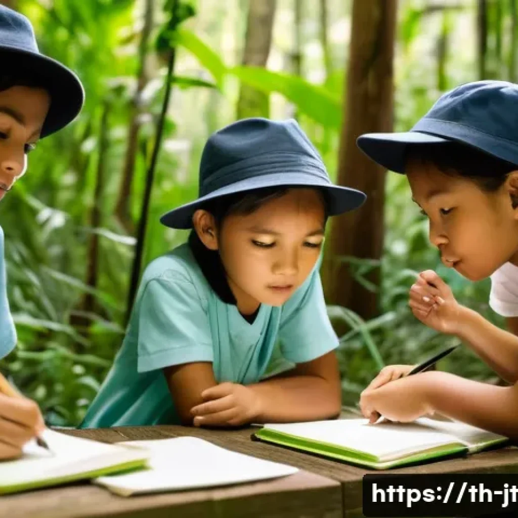 생태 리터러시를 위한 현장 학습 프로그램 - A vibrant outdoor scene depicting a diverse group of Thai children, approximately 10-14 years old, e...