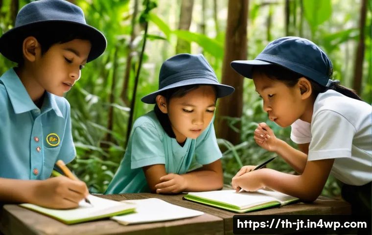 생태 리터러시를 위한 현장 학습 프로그램 - A vibrant outdoor scene depicting a diverse group of Thai children, approximately 10-14 years old, e...