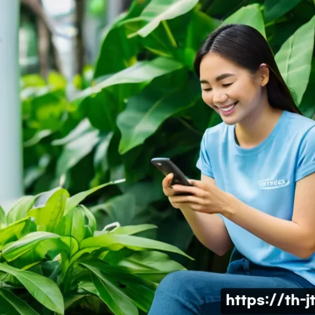 생태 리터러시 향상을 위한 기술적 도구 소개 - **Prompt:** A cheerful young Thai woman, dressed in a modest, light blue t-shirt and dark jeans, smi...