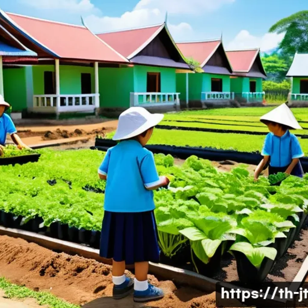 생태 리터러시 교육의 성공적인 사례 분석 - A vibrant rural Thai school garden scene where children wearing casual school uniforms and hats are ...
