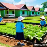 Home 22 생태 리터러시 교육의 성공적인 사례 분석 - A vibrant rural Thai school garden scene where children wearing casual school uniforms and hats are ...