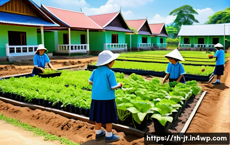 생태 리터러시 교육의 성공적인 사례 분석 - A vibrant rural Thai school garden scene where children wearing casual school uniforms and hats are ...