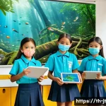 Home 21 생태 리터러시 향상을 위한 국제적인 사례 연구 - A vibrant classroom scene in Thailand where young students wearing school uniforms and face masks ar...