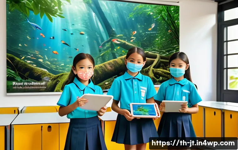 생태 리터러시 향상을 위한 국제적인 사례 연구 - A vibrant classroom scene in Thailand where young students wearing school uniforms and face masks ar...