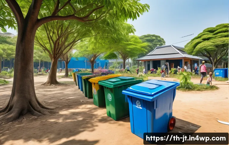 생태 리터러시를 통한 지속 가능한 소비 교육 - A vibrant community park in Bangkok featuring diverse native trees and plants, families and children...