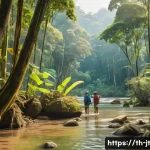 Home 19 생태 리터러시 향상을 위한 창의적 학습 방법 - A vibrant scene of a diverse group of Thai children and adults exploring a lush tropical forest in T...