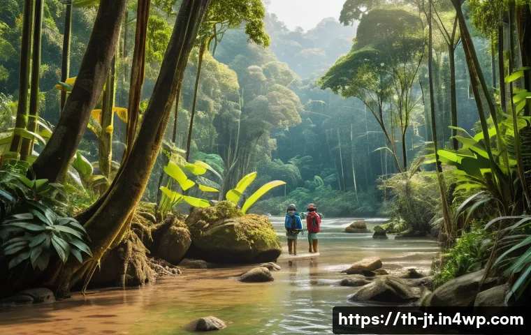 생태 리터러시 향상을 위한 창의적 학습 방법 - A vibrant scene of a diverse group of Thai children and adults exploring a lush tropical forest in T...