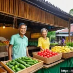 Home 23 생태 리터러시와 지속 가능한 경영의 관계 - A vibrant, eco-friendly Thai small business scene featuring a local market stall selling organic fru...