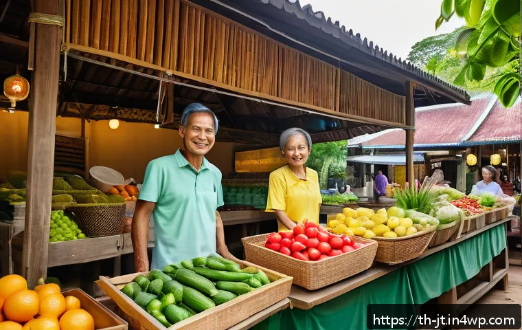 생태 리터러시와 지속 가능한 경영의 관계 - A vibrant, eco-friendly Thai small business scene featuring a local market stall selling organic fru...