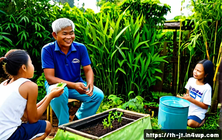 Home 29 생태 리터러시 향상을 위한 멘토링 프로그램 - Photorealistic environmental mentoring program in a lush Thai community garden, a friendly middle-ag...